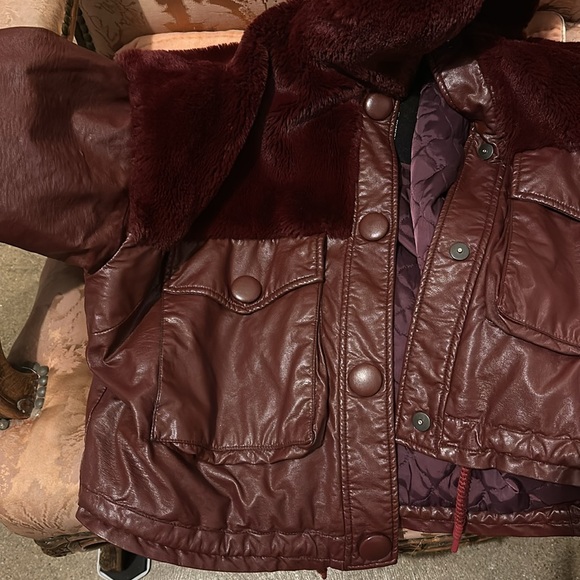 Coolest Trendy Hoodie Faux leather Fur Wine color Designer Jacket Snaps - Picture 9 of 16